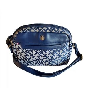 Vintage Tommy Hilfiger Handbag Logo Navy & Tan Crossbody Bag Purse Faux Leather